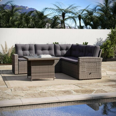 Flash Furniture Huck Wicker Rattan Conversation Set, L-Shaped Sofa w/Dining Table, Weather Resistant Cushions, Gray LTS-SET-02023-GY-GY-GG